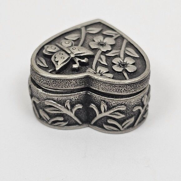 Vintage JJ Jonette Floral Heart Butterfly Brooch Pin Trinket Jewelry Box Pewter - Picture 4 of 13